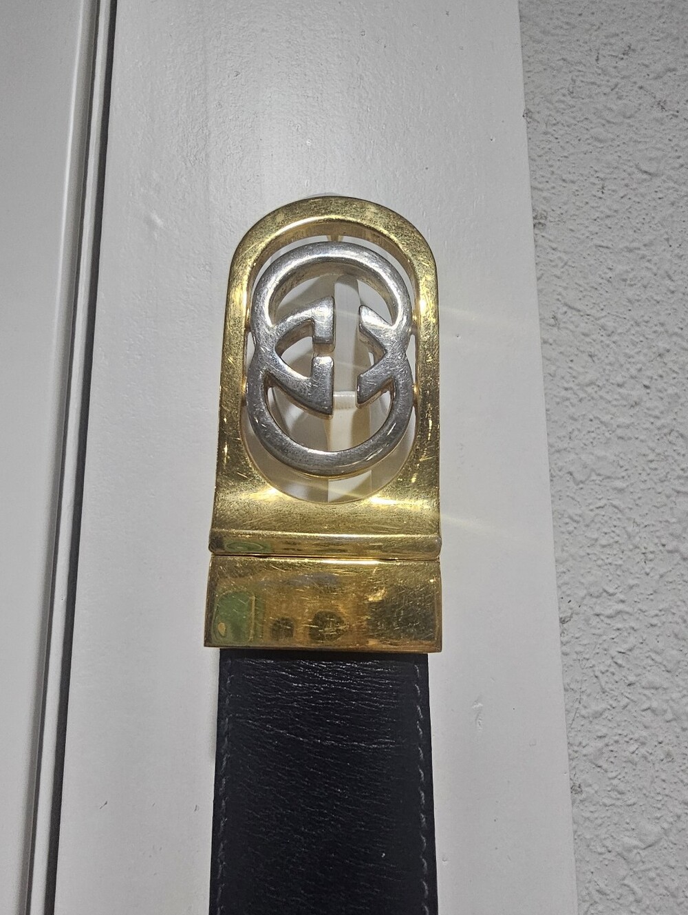 Vintage GUCCI Gold & Silver Interlocking Buckle on a Black Leather Belt 30in